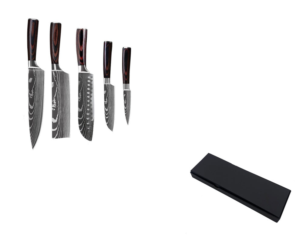 Shopi Vella 10 piece cooking knife set with patterned blades and wooden handles with black storage box