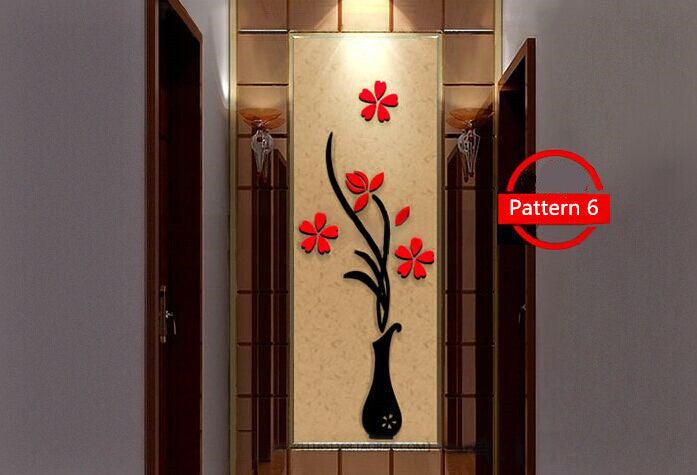 Shopi Vella 3D acrylic vase wall sticker with red flowers and black vase for home storage decoration