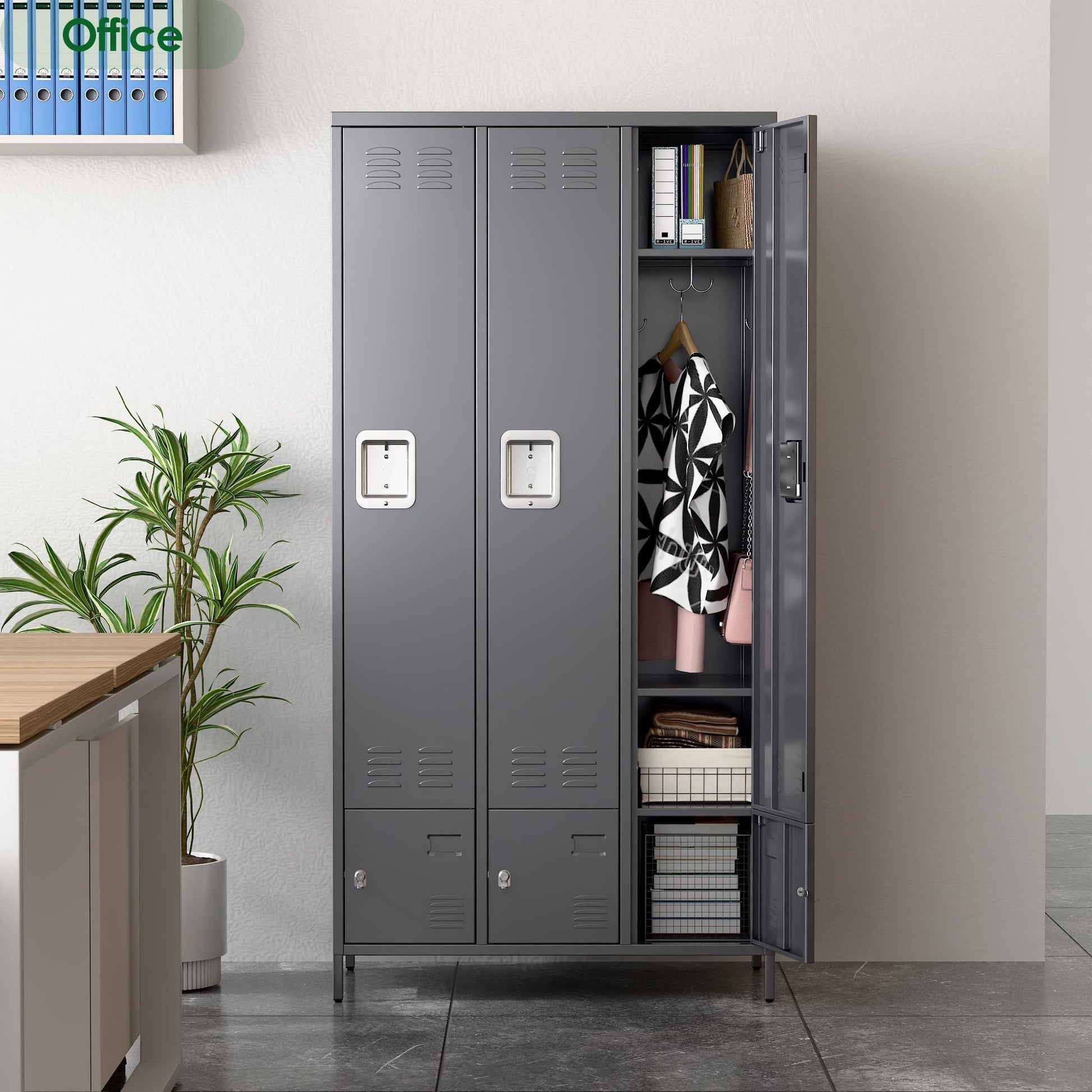 Shopi Vella metal storage locker with doors in gray featuring hanging space and shelves with office items