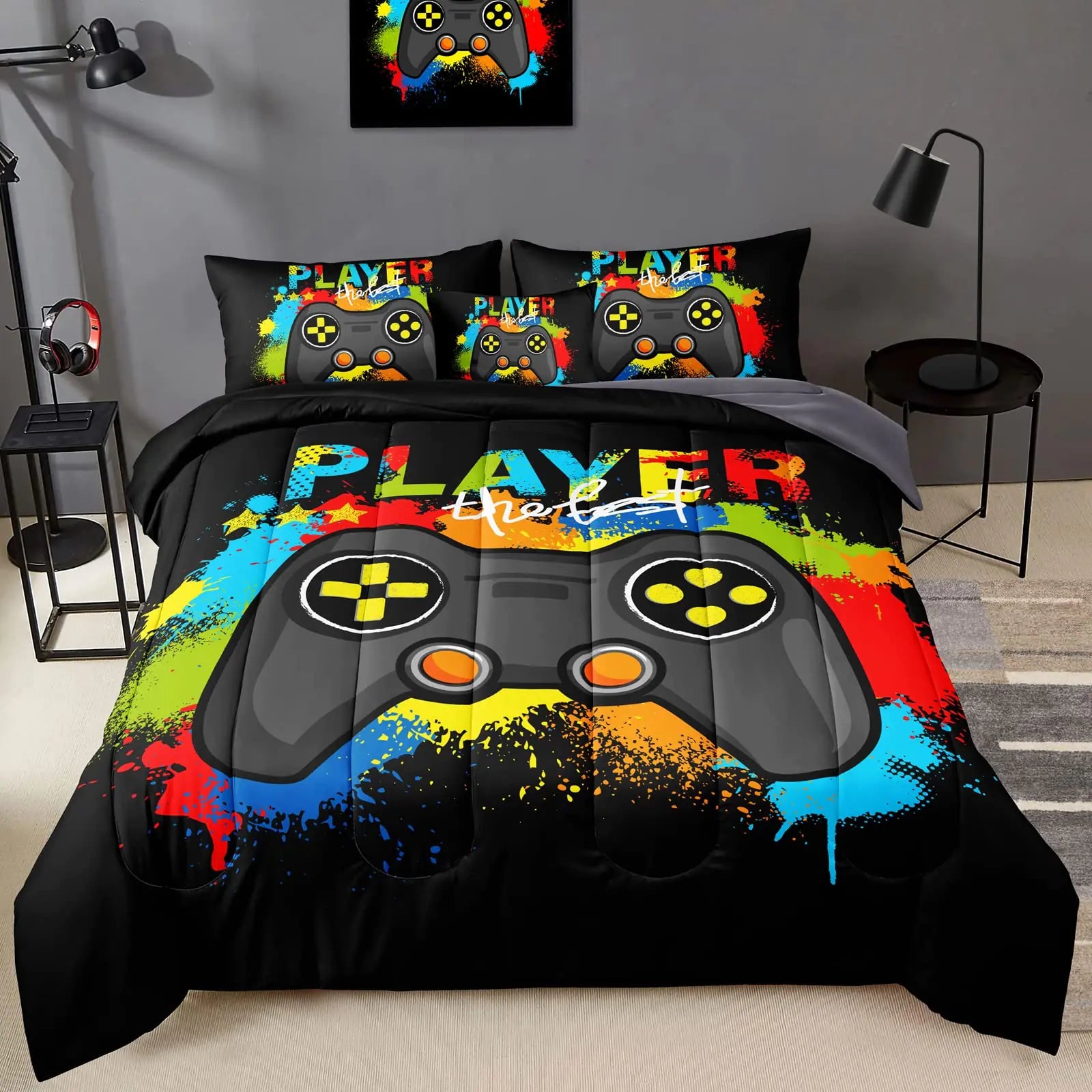 BDUCOK Gamer Comforter Set Gaming Twin SizeVideo Game Controller Comforter for Boys Kids Adult 3D Gamepad Microfiber Bedding Sets 5 Pieces Bed in A Bag Sets30019Twin