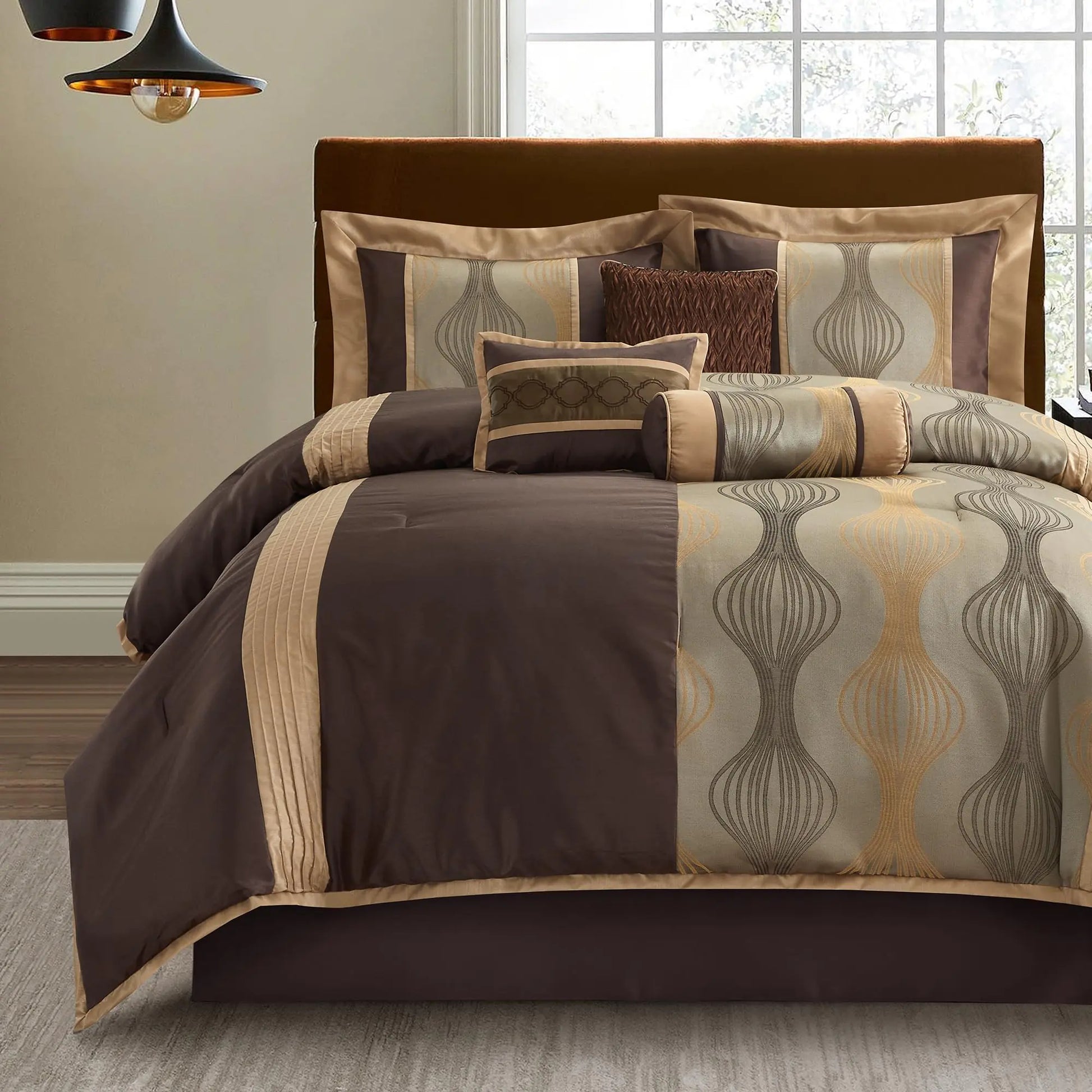 LANCO MODERN LIFESTYLE Queen Comforter Set Brown 7 Pieces Bed in a Bag Ultra Soft Jacquard with Solid Piecework Luxury Bed Set with Comforters Bed Skirt Pillow Shams and Decorative Pillows
