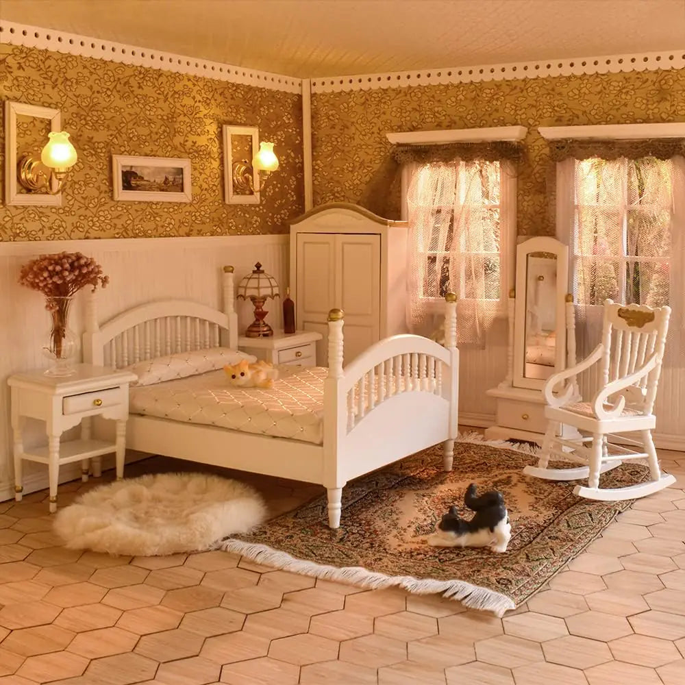 iLAND Victorian Dollhouse Furniture 1/12 Scale Brewster Dollhouse Bedroom Furniture Set (White & Gold)