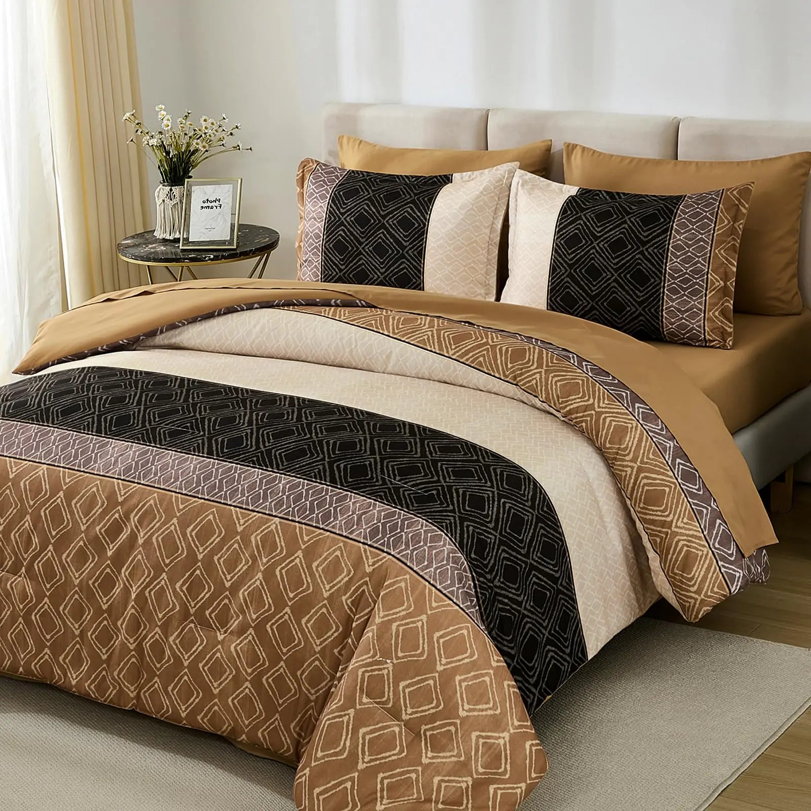 Dinjoy Brown King Size Comforter SetStriped Bed in a Bag King 7 Pieces Soft Microfiber Bedding Comforters Sets Boho Fall Bed Complete Set for All Season