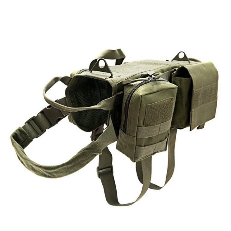 Shopi Vella adjustable military dog vest in green with multiple pouches and durable straps