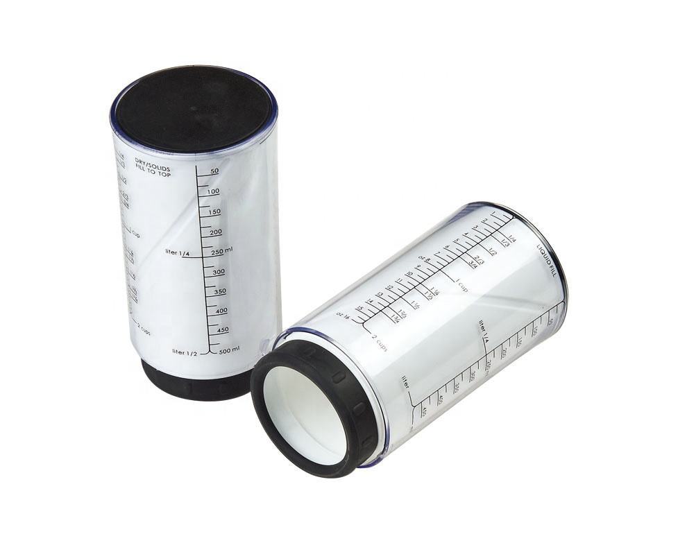 Shopi Vella adjustable rotating measuring cup set with clear markings and black lids for precise measuring