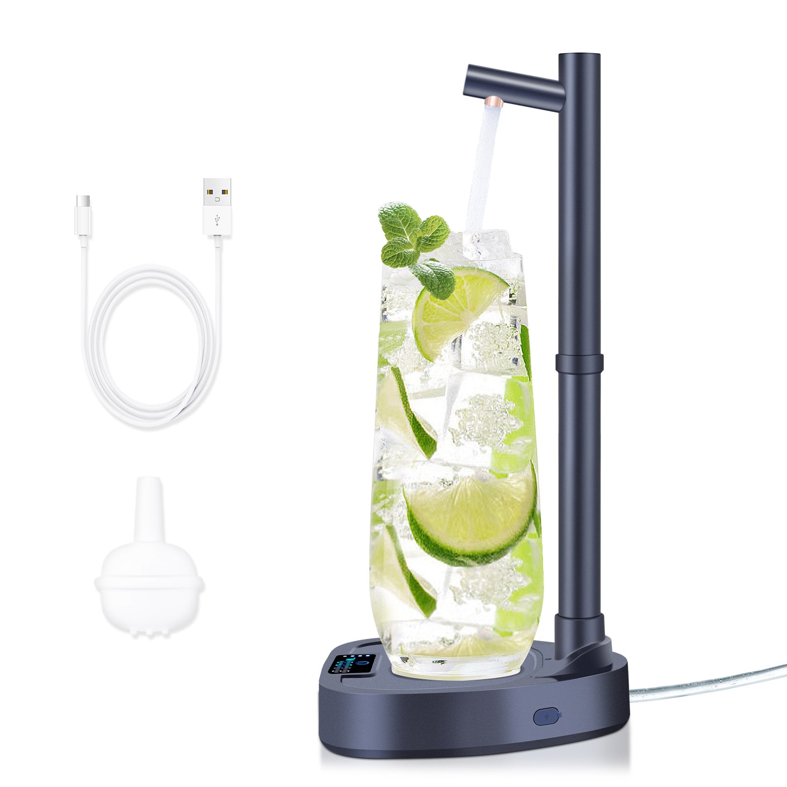 Shopi Vella automatic water bottle dispenser pouring water into glass with USB cable and pump
