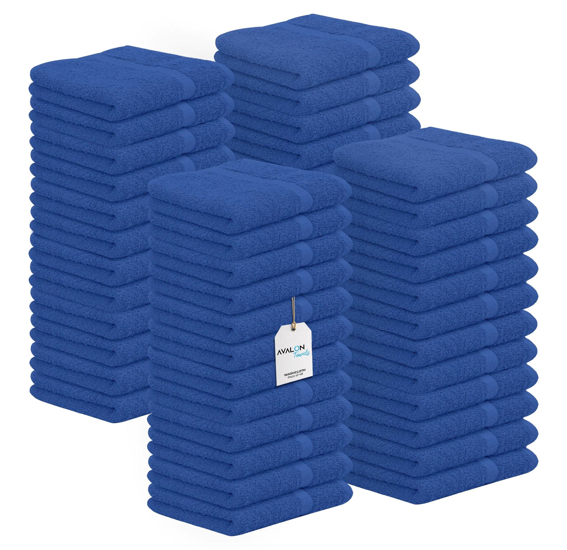 Stack of blue face towels for gym arranged neatly with a visible tag on one stack