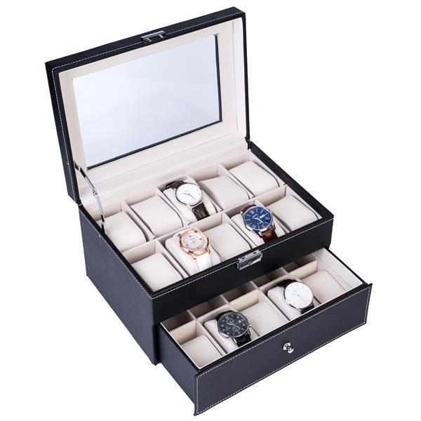 Shopi Vella 20 watch storage box in black leather with glass lid and soft cushion compartments