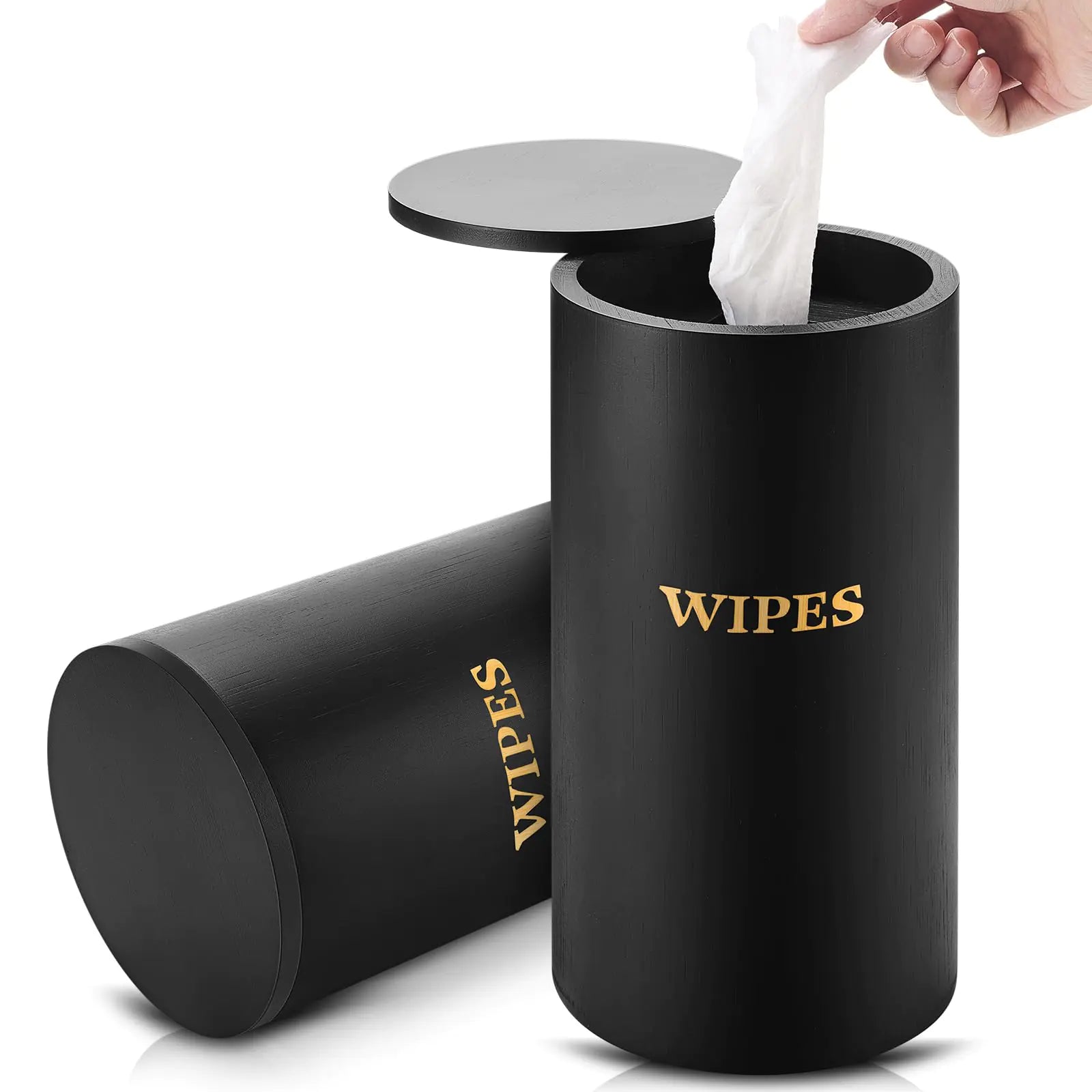 Black refillable wet wipes dispenser with gold text and a hand pulling out a wipe