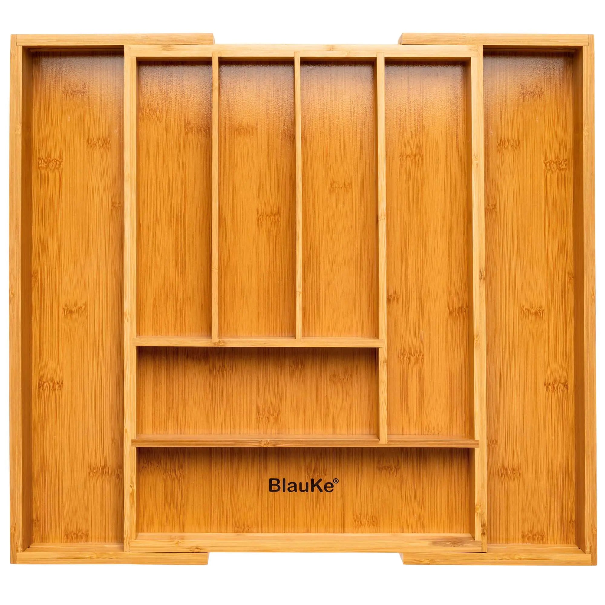 Expandable bamboo drawer organizer with multiple compartments for kitchen or office storage
