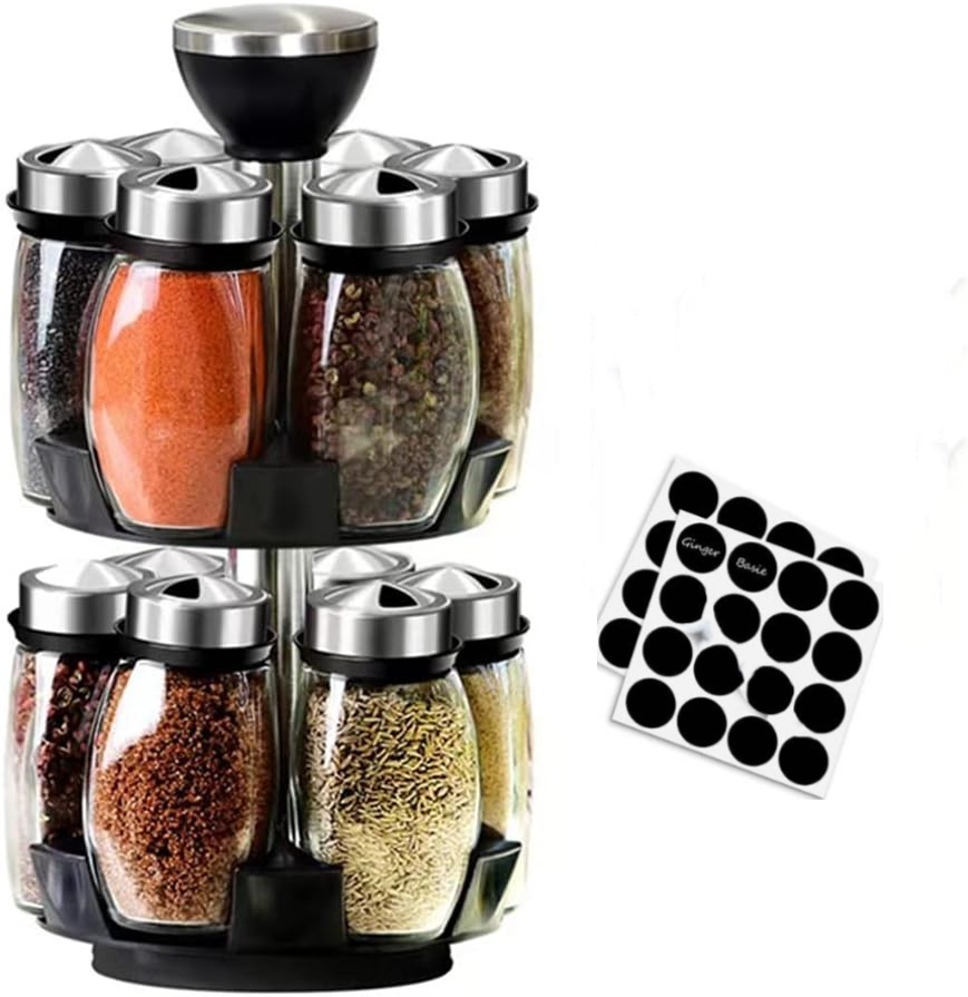 Shopi Vella spinning spice storage rack with jars holding assorted spices and included labels