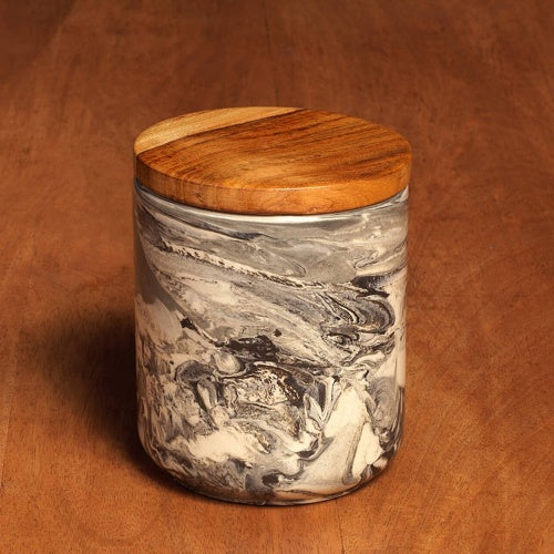 My Store ceramic jar with wooden lid featuring a marbled gray and white design on a wooden surface