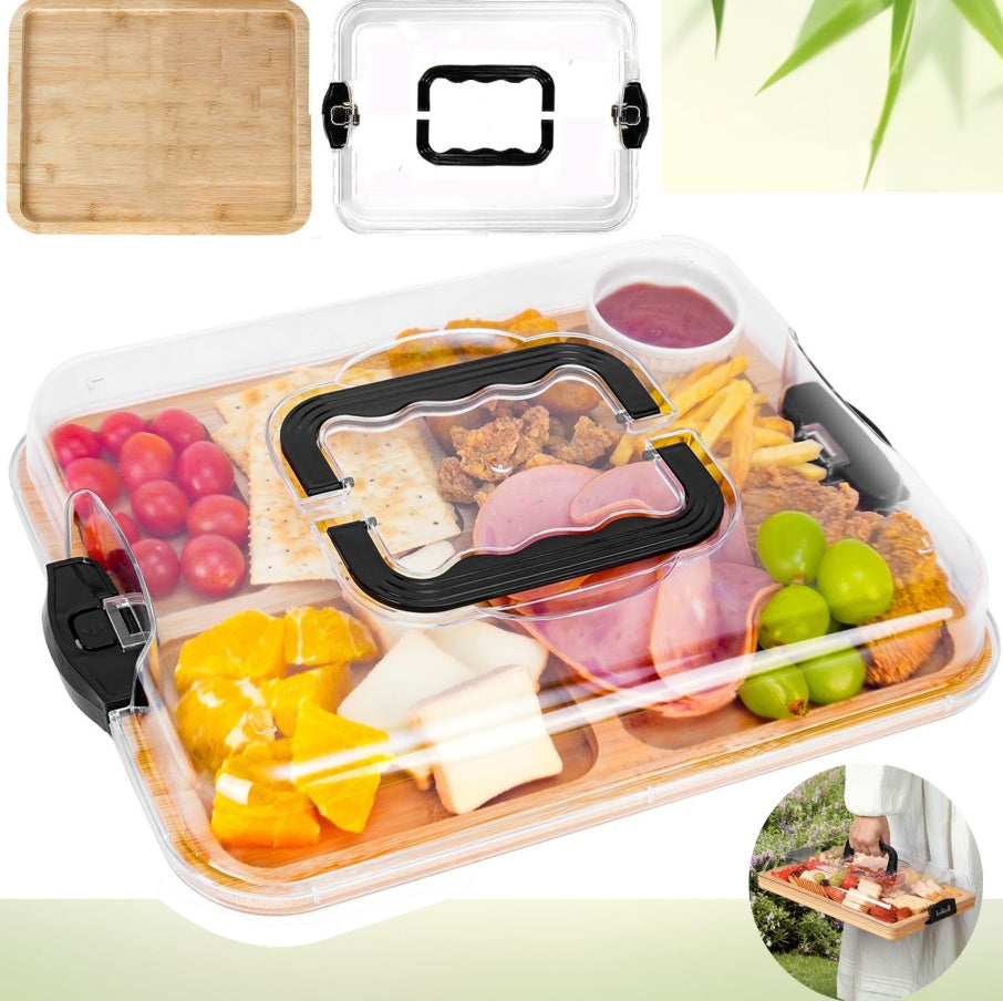 Shopi Vella charcuterie board with clear lid featuring divided sections for fruits, meats, and snacks