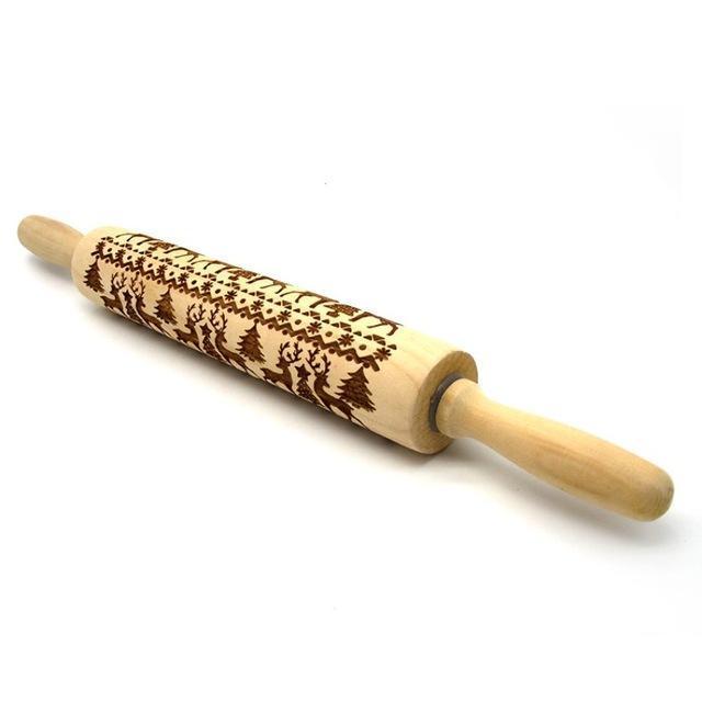 Shopi Vella wooden Christmas embossing rolling pin with decorative holiday patterns for baking