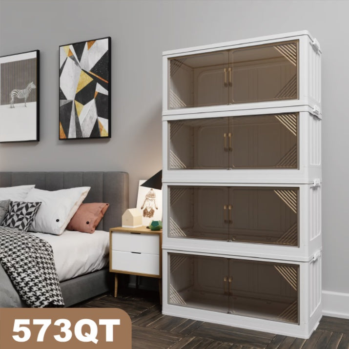 Shopi Vella clear plastic closet organizer with four stacked compartments for clothing storage