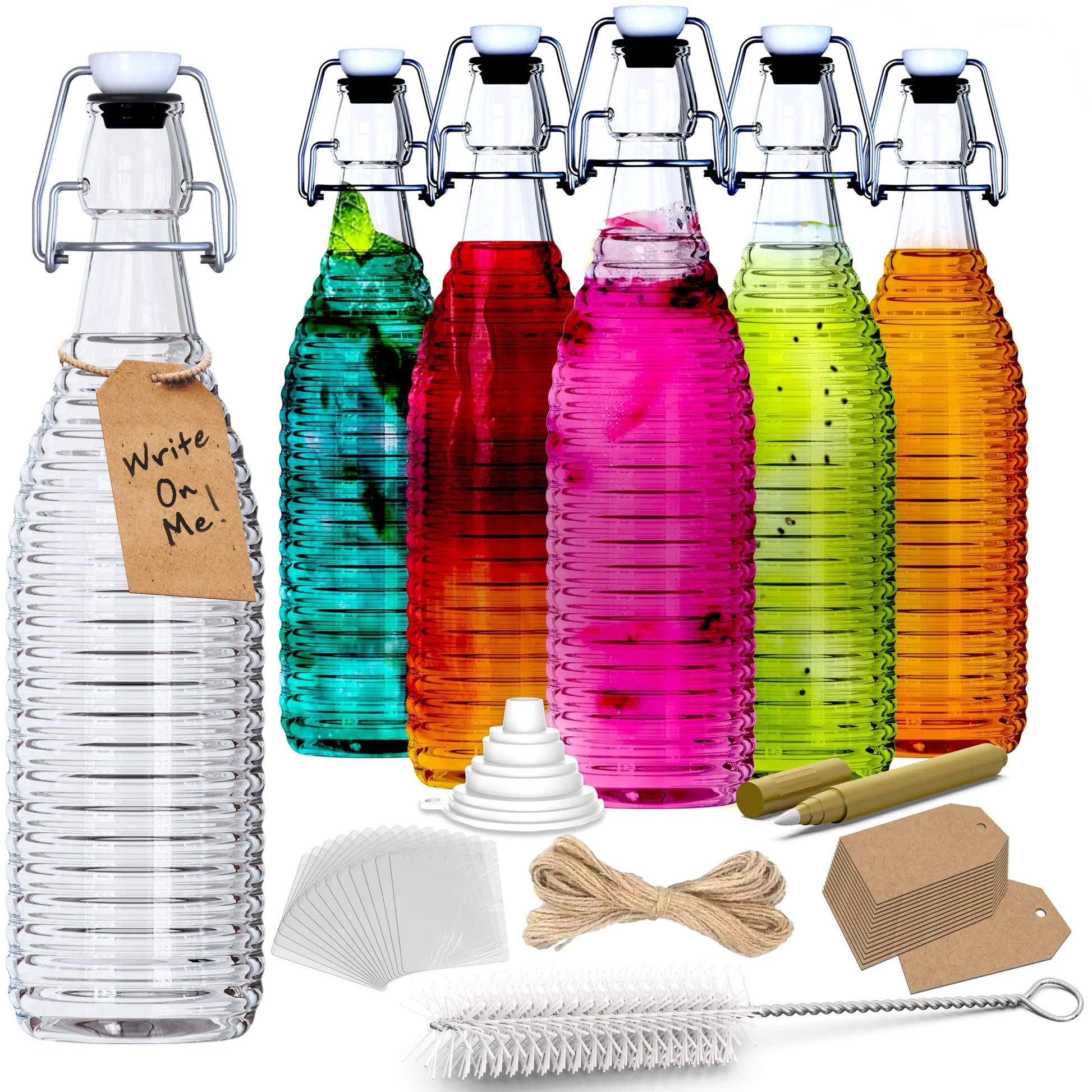 Set of 33oz swing top glass bottles in various colors with cleaning brush and accessories