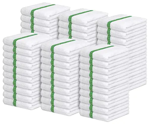Stacked white cotton bar mop towels value pack with green stripes, ideal for cleaning and spills