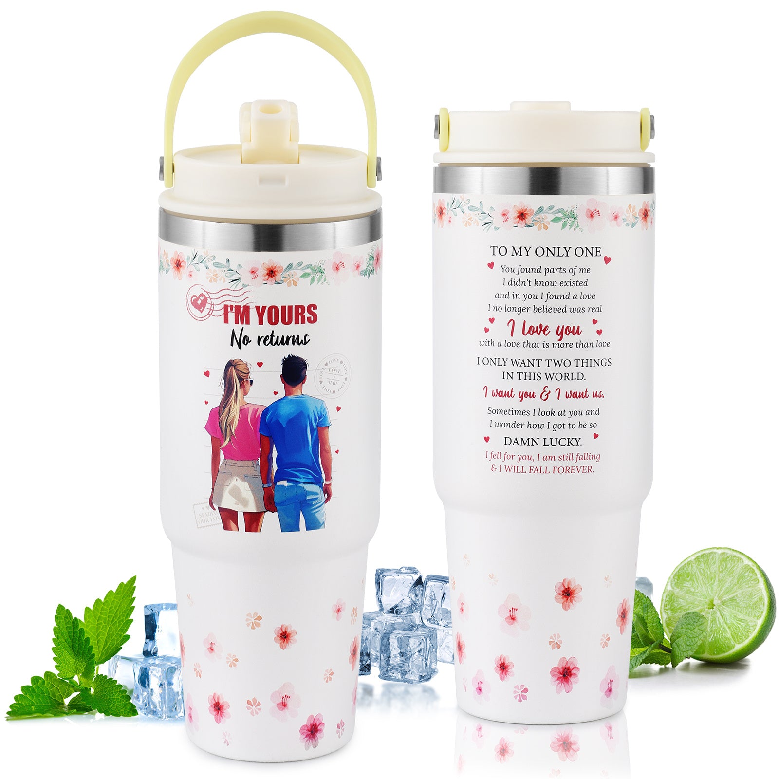 Custom gift tumbler for couples with romantic design and love message printed on white floral stainless steel cup