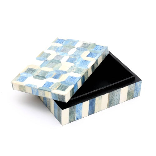 Shopi Vella decorative storage box with blue and white geometric pattern and removable lid