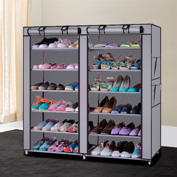 Shopi Vella double row shoe cabinet with grey fabric cover storing multiple pairs of shoes neatly