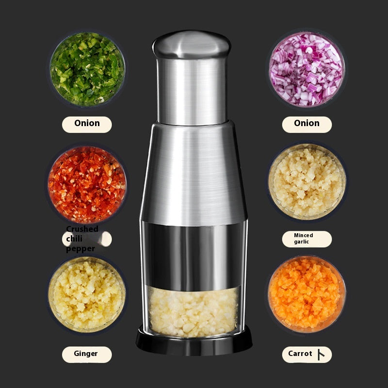 Shopi Vella garlic crusher onion chopper with stainless steel body and multiple chopped vegetables display