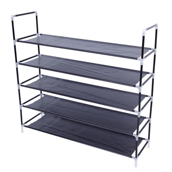 Shopi Vella black 5 tier shoe rack with metal frame and fabric shelves for organized footwear storage