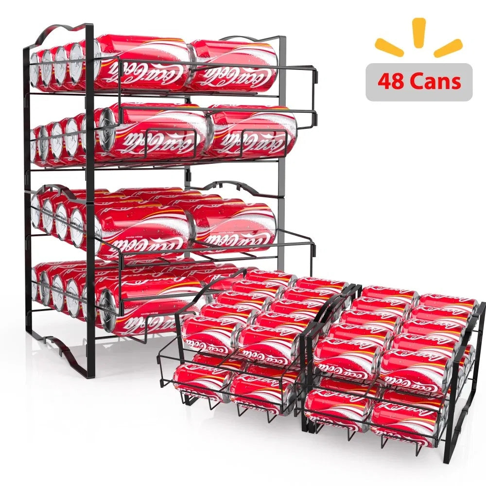 Shopi Vella stackable soda can dispenser holding 48 cans with black metal frame design
