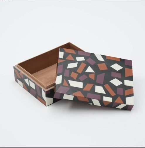 Shopi Vella geometric resin storage box with multicolor geometric pattern and wooden interior