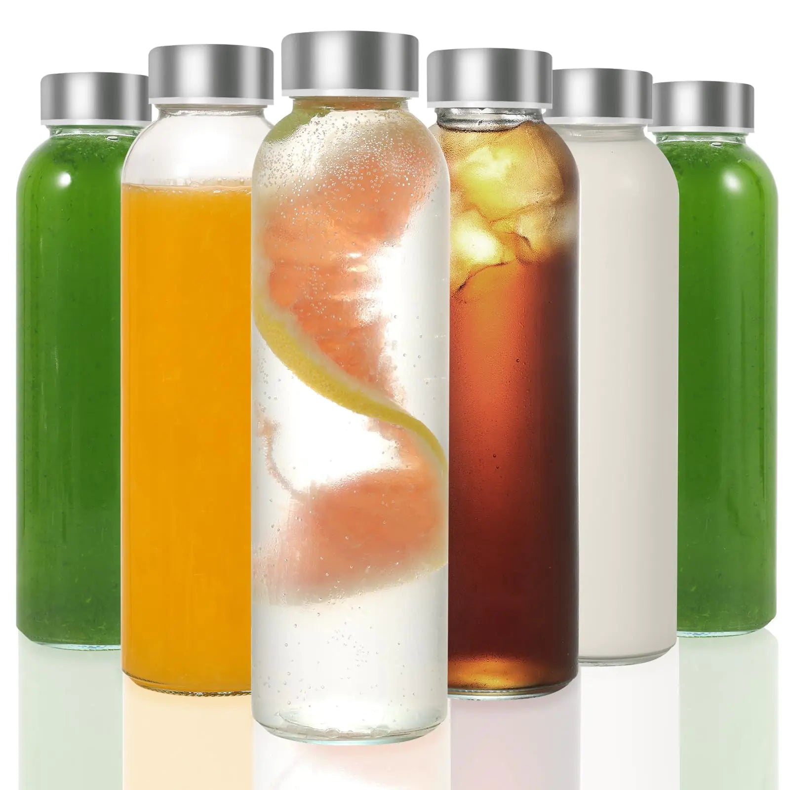 Set of six glass juice bottles with lids filled with colorful juices and infused water