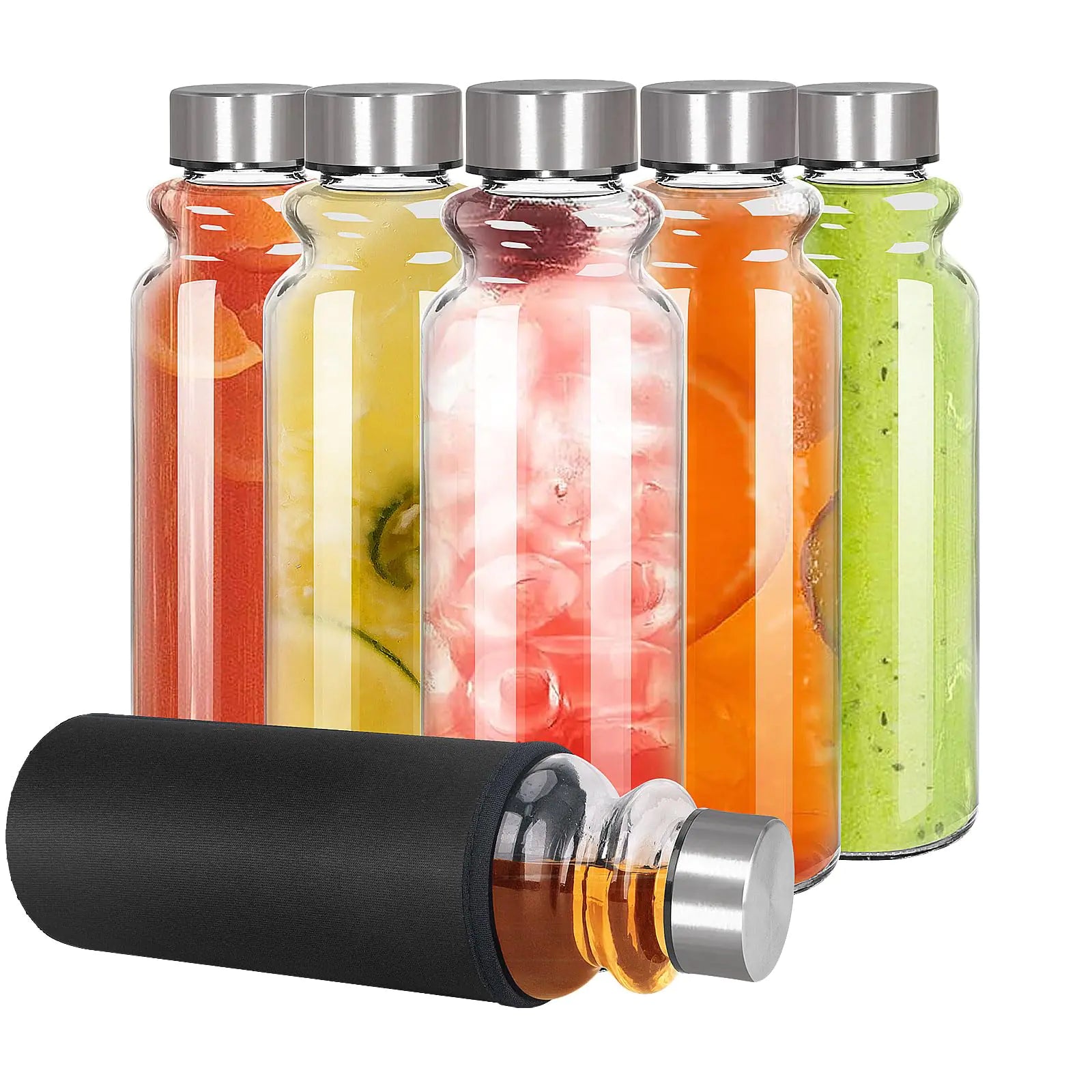 Shopi Vella glass water bottles with lids filled with colorful fruit-infused drinks and one bottle with black sleeve
