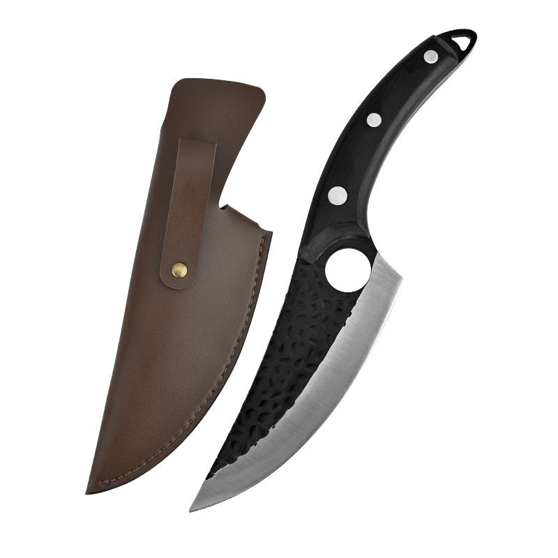Shopi Vella hand forged boning knife with hammered blade and black handle with brown leather sheath