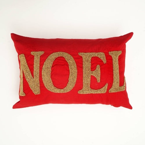 Handmade red Noel pillow with gold embroidered lettering by Shopi Vella holiday decor