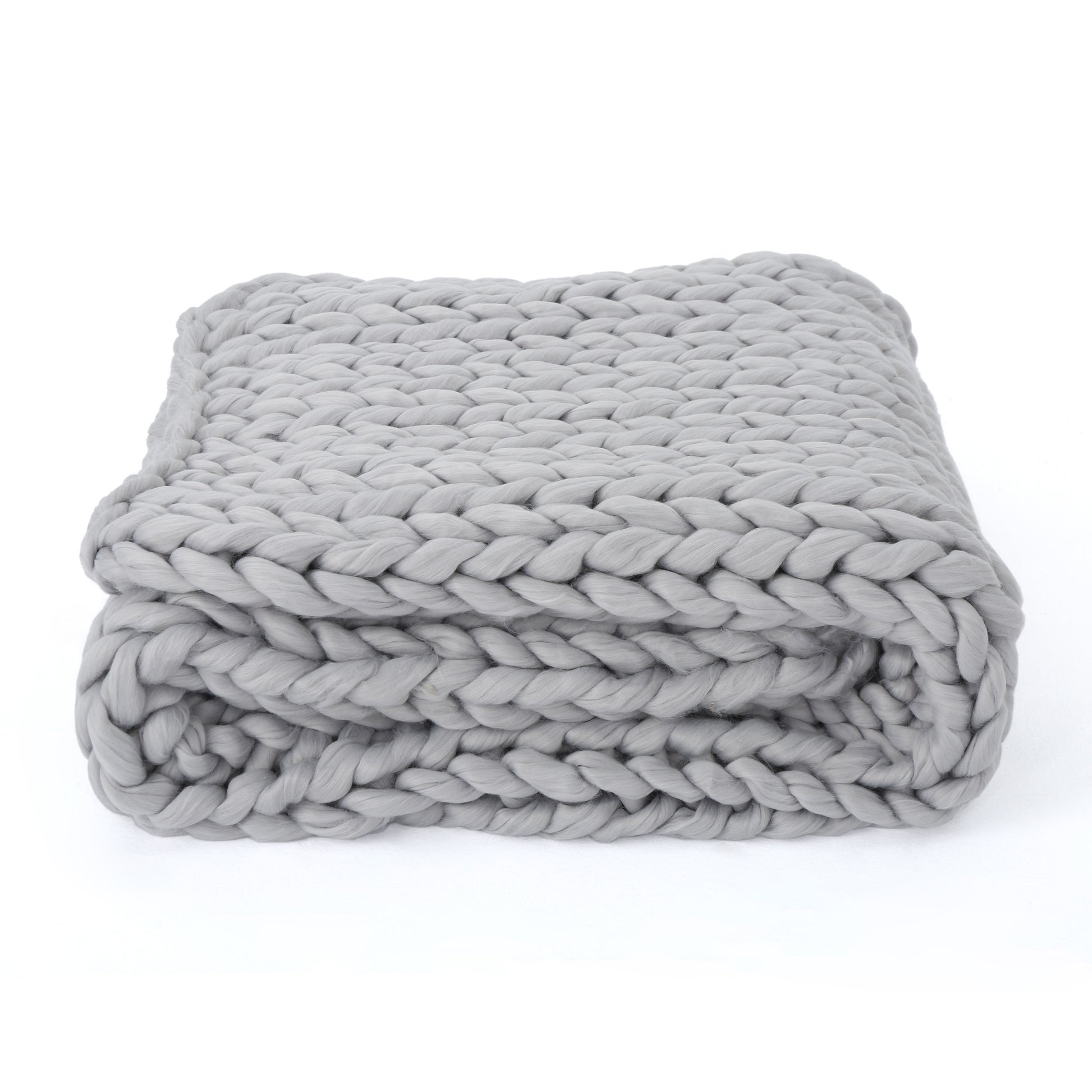 Shopi Vella handwoven thick yarn blanket folded in light gray with chunky knit texture