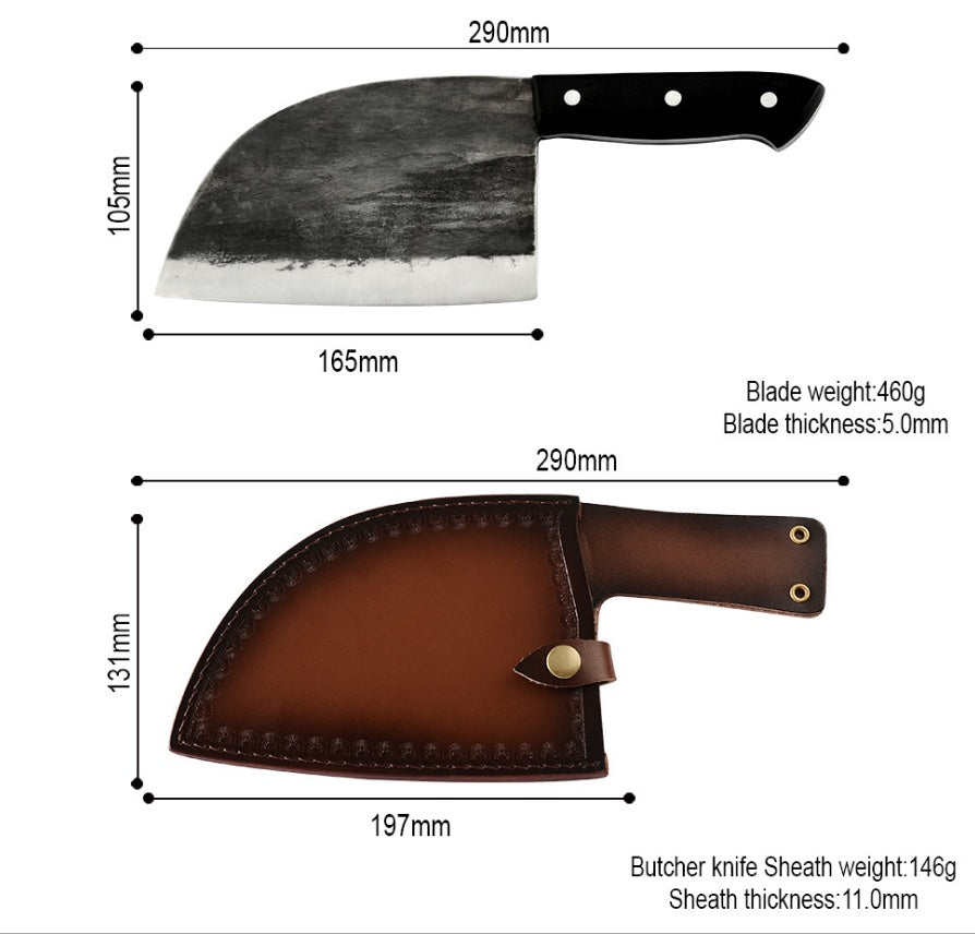 High hardness chopping knife with black handle and dimensions alongside brown leather sheath for safe storage