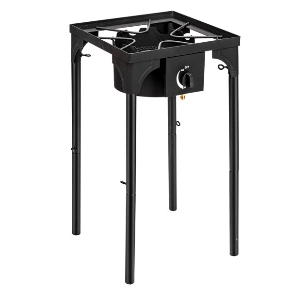 Shopi Vella high pressure propane gas burner with sturdy black metal frame and adjustable legs for outdoor cooking
