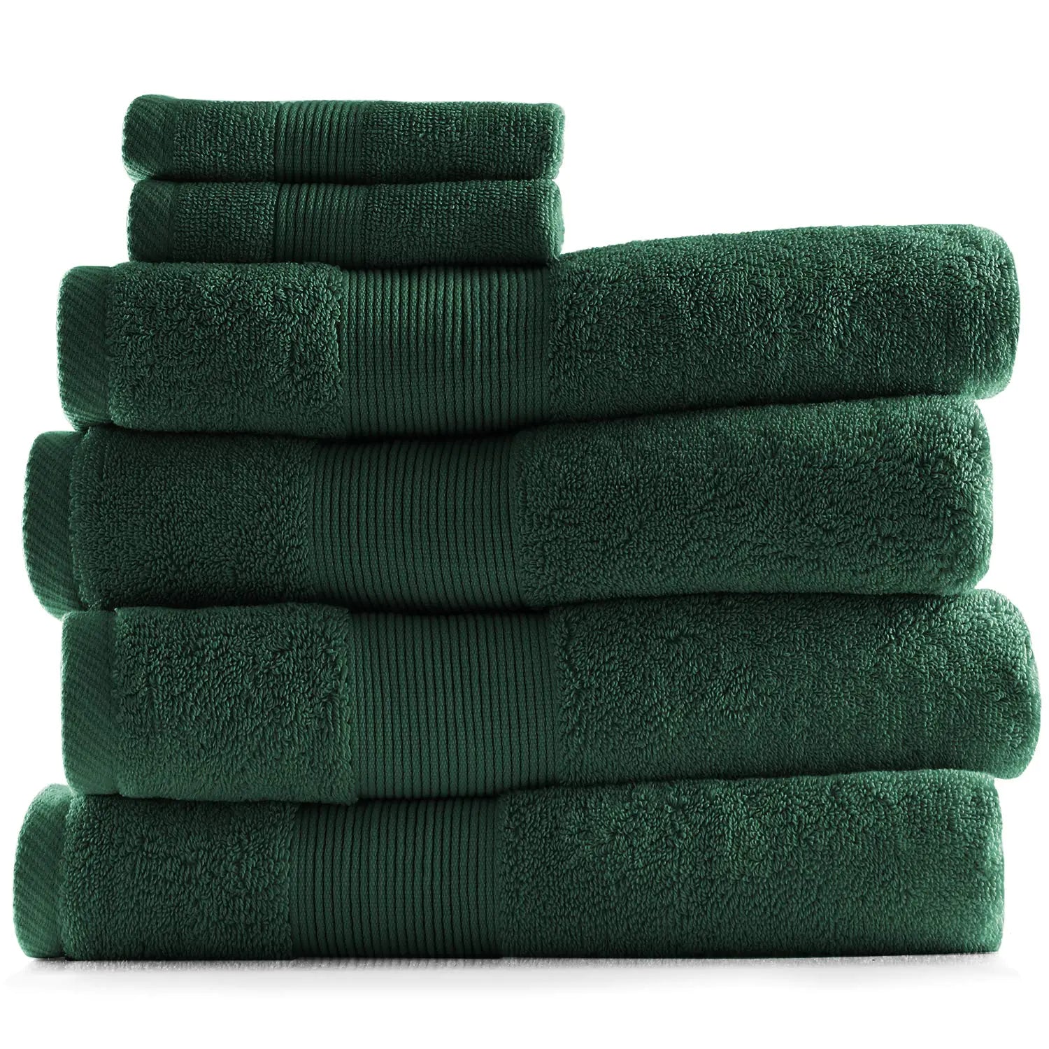 Stack of soft and absorbent hunter green bathroom towels neatly folded
