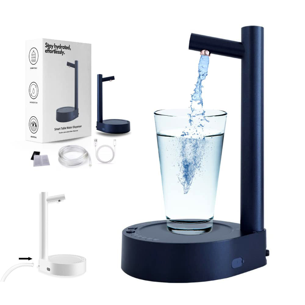 Shopi Vella desk water dispenser for office in black pouring water into a glass with packaging and accessories