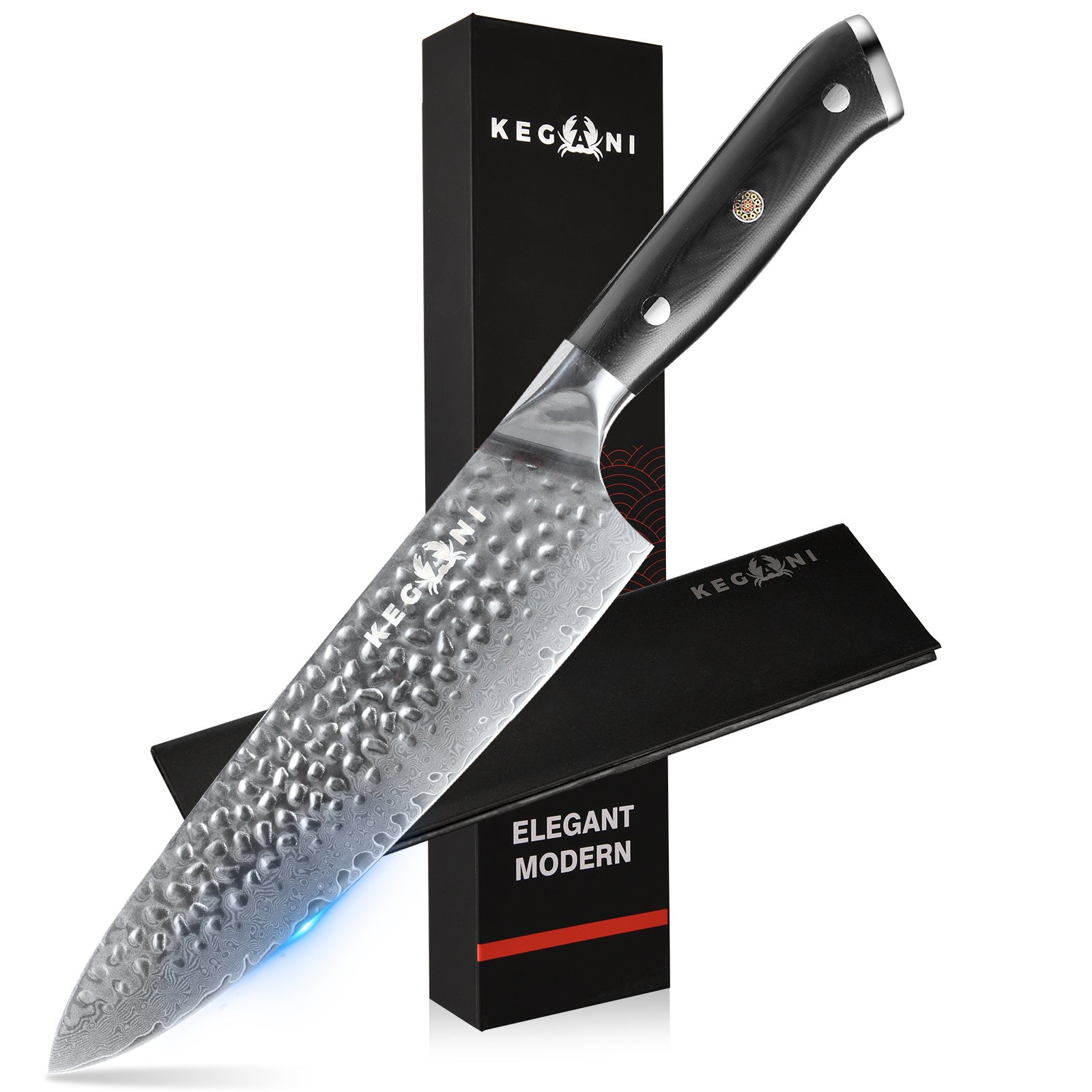 Shopi Vella Damascus chef knife 8 inch with hammered blade and ergonomic black handle