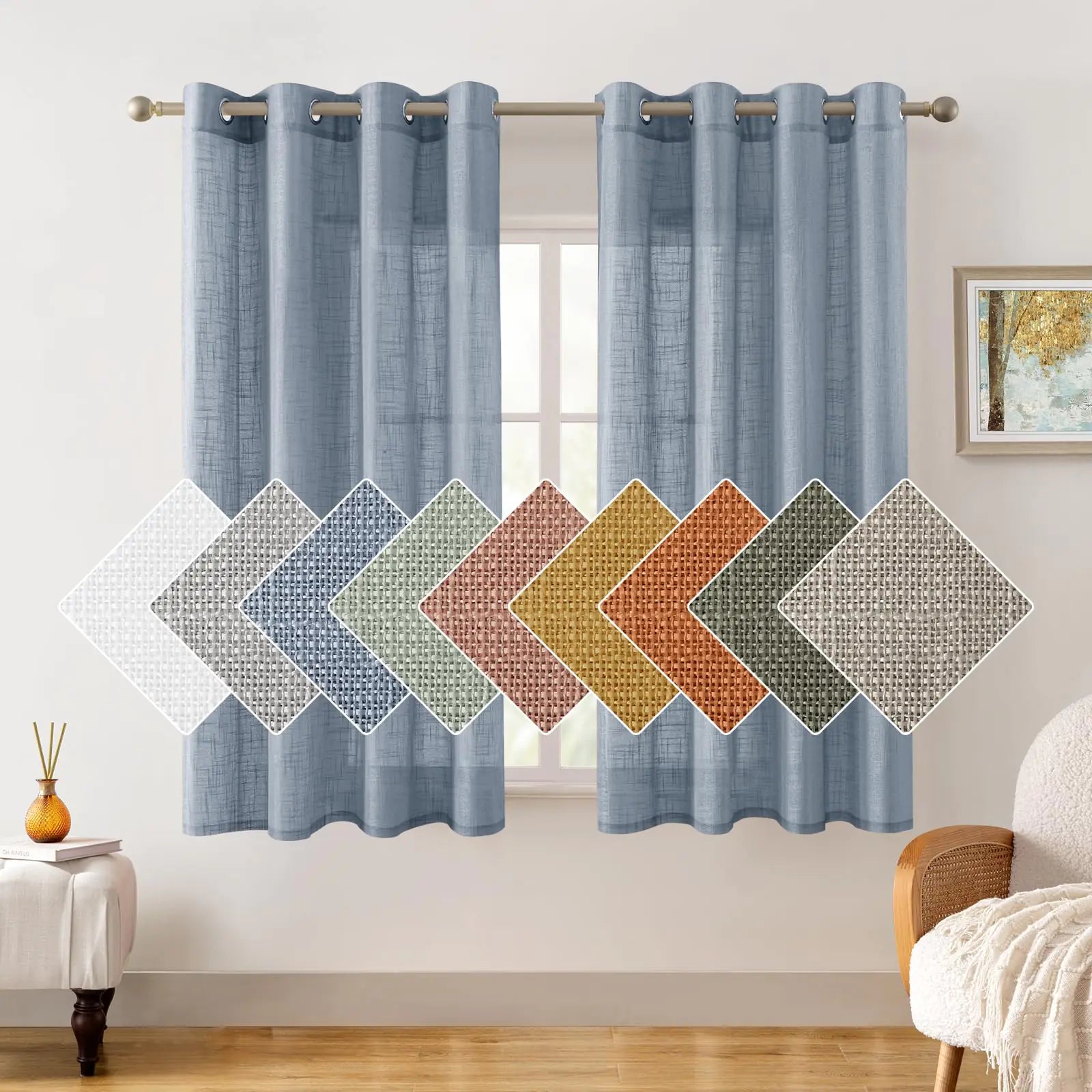 Blue linen curtains 2 panel farmhouse style hanging on rod with fabric color swatches displayed