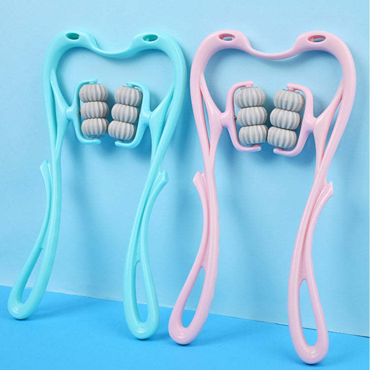 Shopi Vella pink and blue manual neck massager tool with ergonomic handles and roller beads for home use