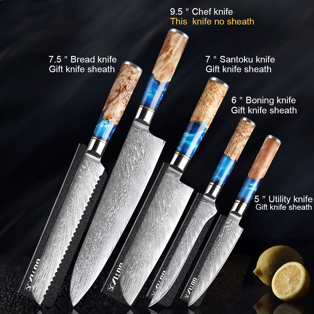 Shopi Vella meat chopping knife set with six knives including chef, bread, santoku, boning, and utility knives with colorful wooden handles