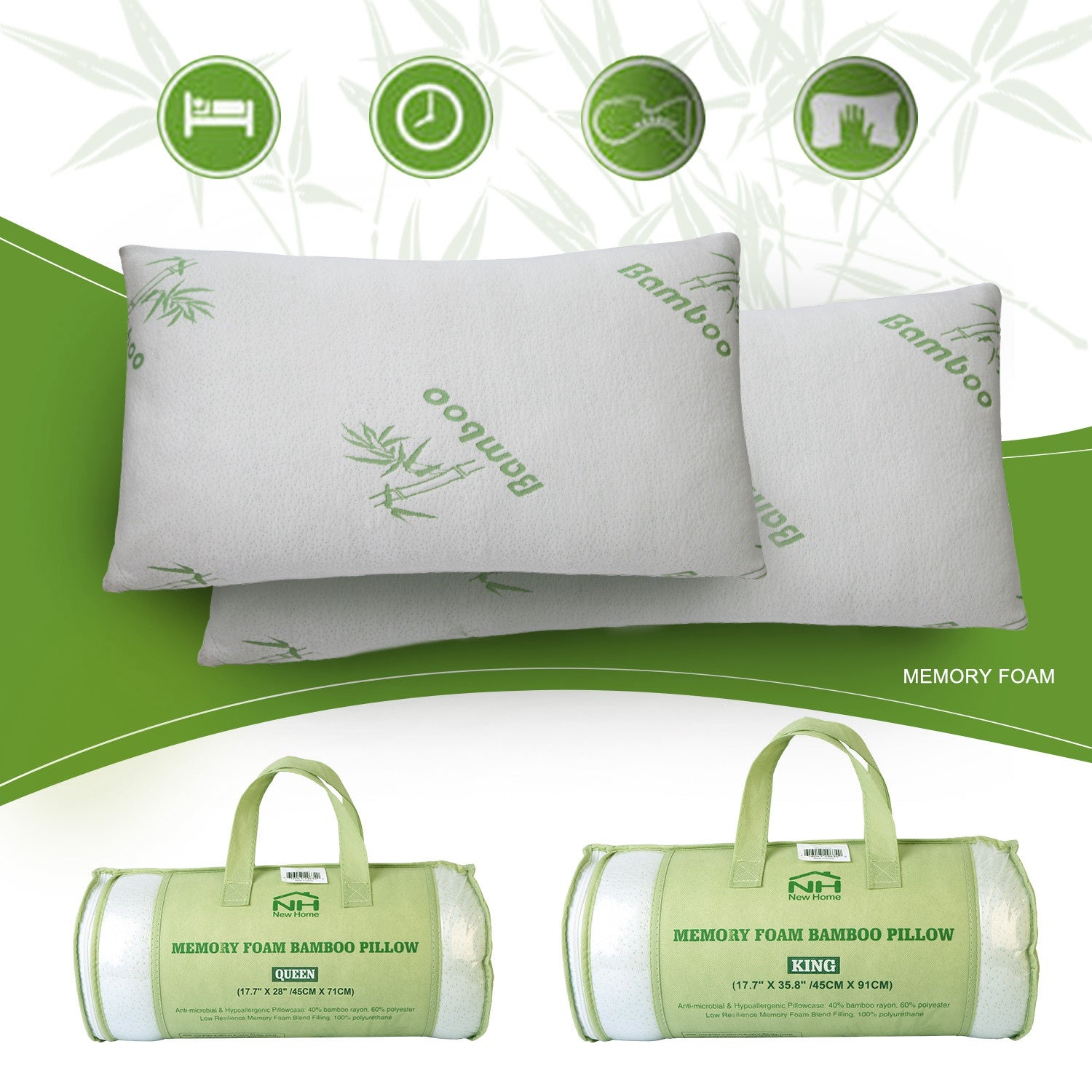 Shopi Vella bamboo memory foam pillow case with green bamboo design and soft breathable fabric