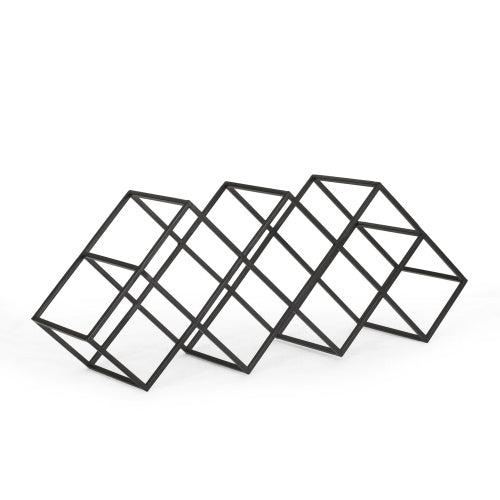 Black metal wine storage organizer with geometric design for storing multiple wine bottles