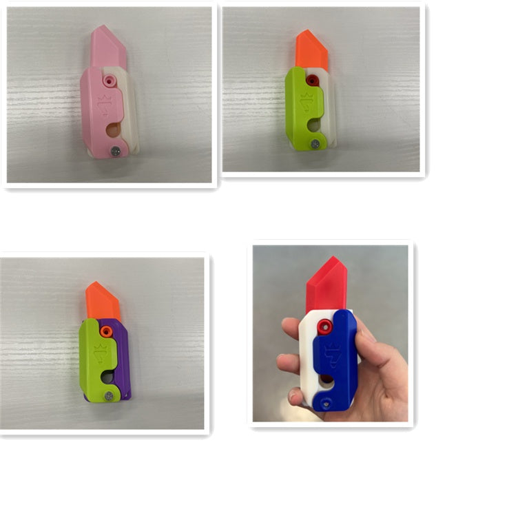 Shopi Vella mini 3D printing toy knife in various colors including pink, green, purple, and blue shown on white background and held in hand