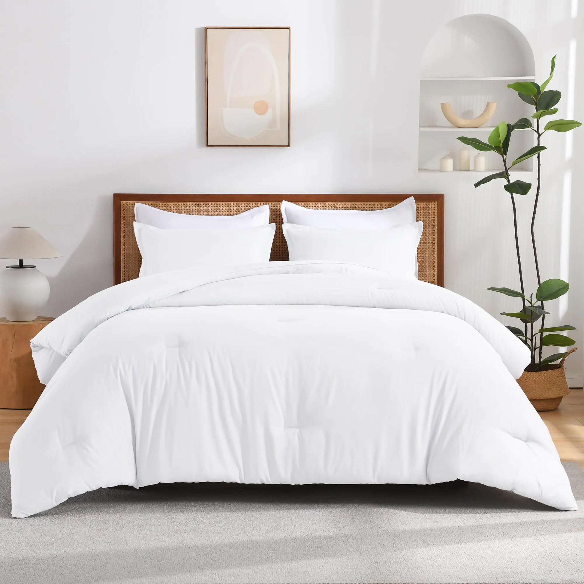 Modern lightweight bed set queen in white with plush comforter and pillows on wooden frame