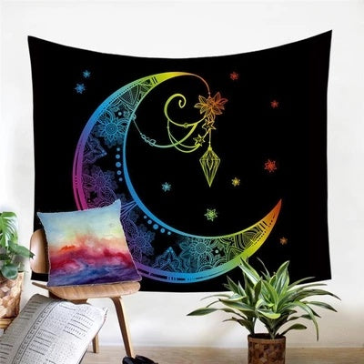 Shopi Vella moon wall tapestry for living room with colorful crescent moon design on black background