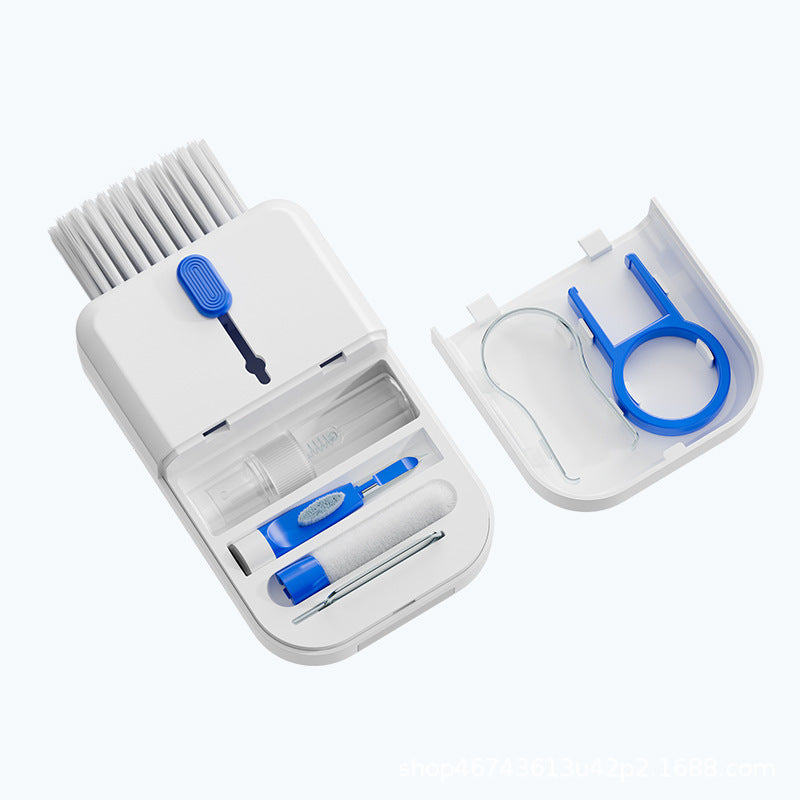 Shopi Vella multifunctional keyboard cleaning brush set with white and blue components in compact storage case