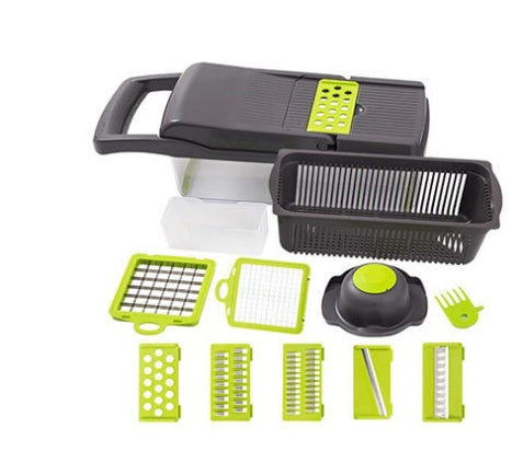 Shopi Vella multifunctional vegetable cutter for kitchen with multiple green and black interchangeable blades and storage container