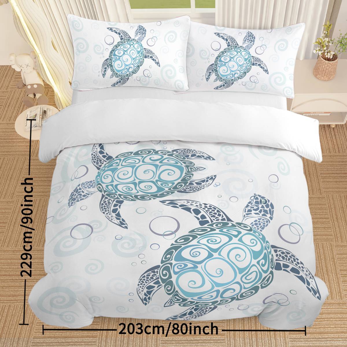Shopi Vella ocean themed comforter cover with blue sea turtles and bubbles on white bedding set