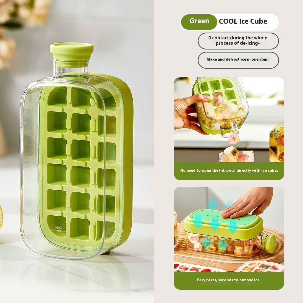 Shopi Vella green one-click molding cooling cup kitchen storage ice cube tray with easy pour and press design
